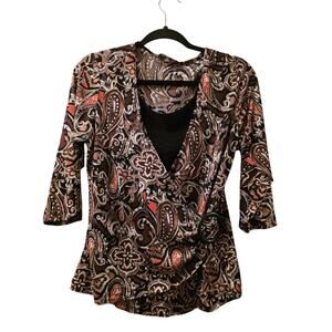 Vtg Notations Y2K Paisley Wrap Top Womens Size PM Black Red Boho Glam Evening